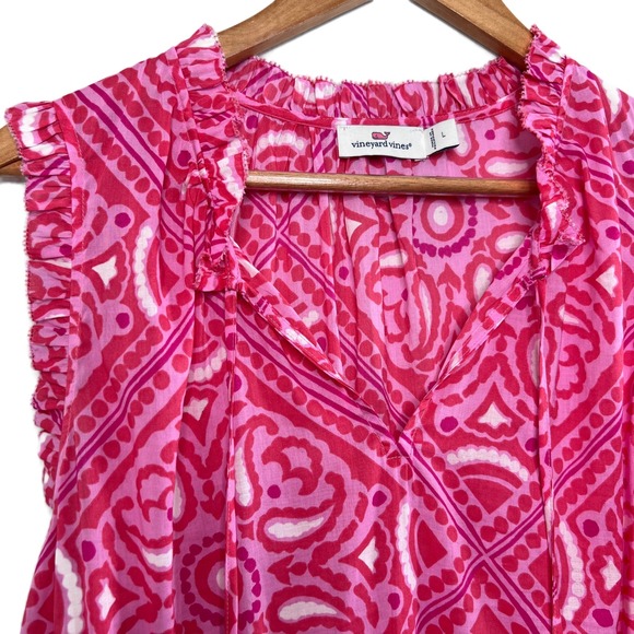 Vineyard Vines Pink Paisley Pattern Ruffled Sleeveless Tie Neck Blouse Women's L - Picture 4 of 8